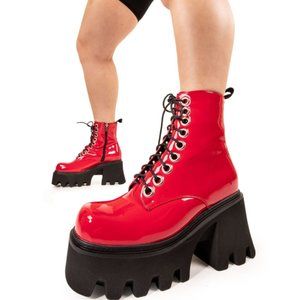 Red patent chunky ankle boots